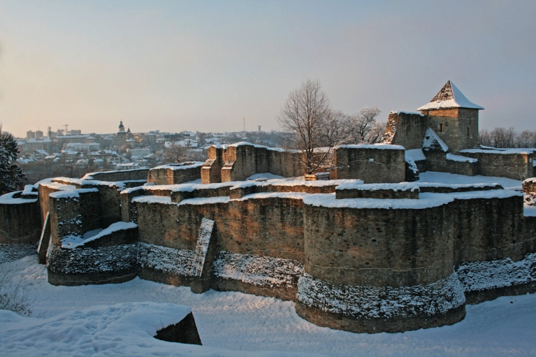 The fortress in Suceava, Romania covered in snow