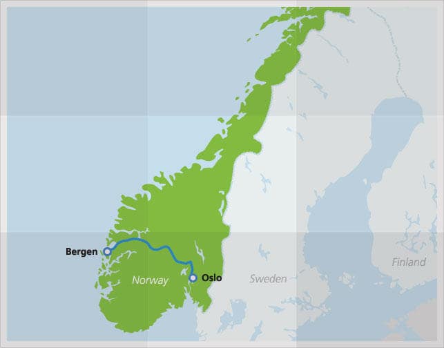 Map with route of Bergen Railway