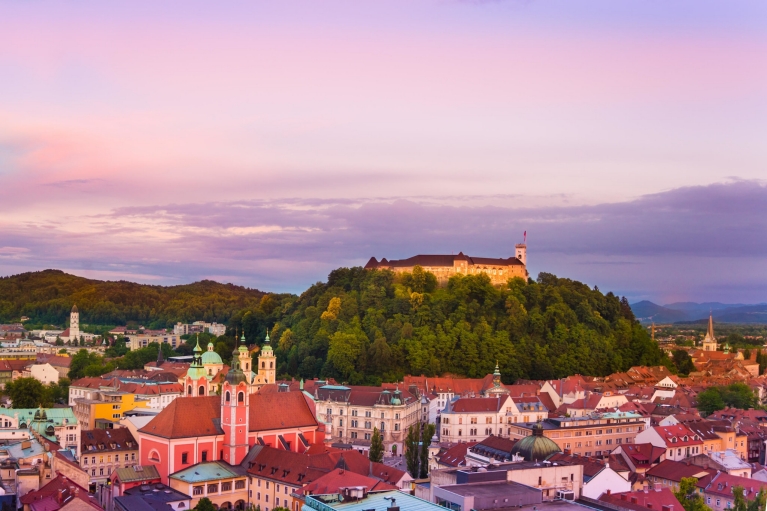 The city of Ljubljana at sunset